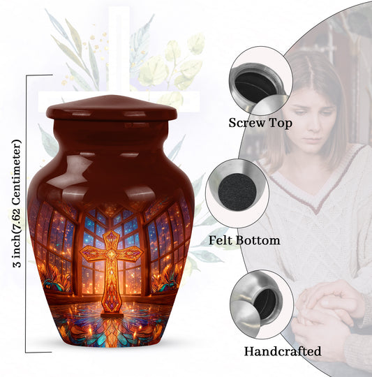 Burgundy Red Cross Cremation Urn close-up of engraving and surface detail - classic sculpted cross pattern on smooth aluminum - mini keepsake memorial for portion of cremation ashes