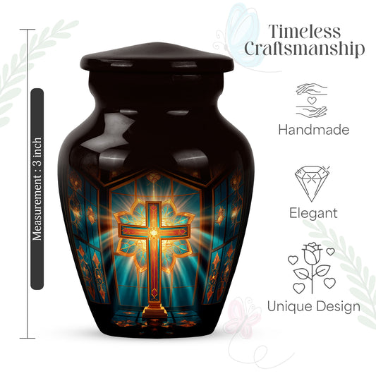 Crimson Red Cross Cremation Urn close-up of engraving and surface detail - timeless cross motif etched into premium metal - mini keepsake memorial for portion of cremation ashes