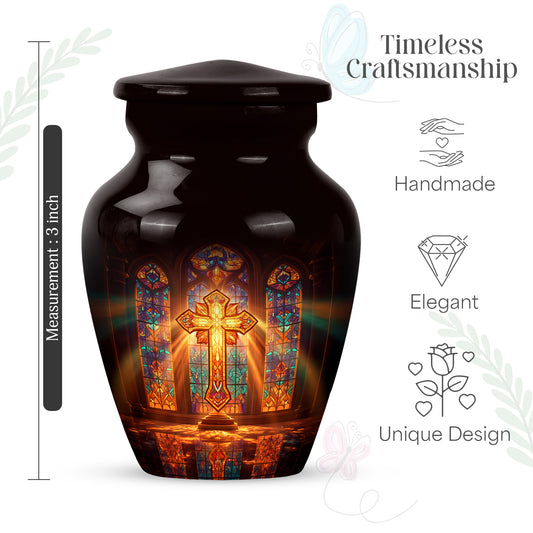 Cherry Red Cross Cremation Urn close-up of engraving and surface detail - elegant classic cross relief with fine detailing - mini keepsake memorial for portion of cremation ashes
