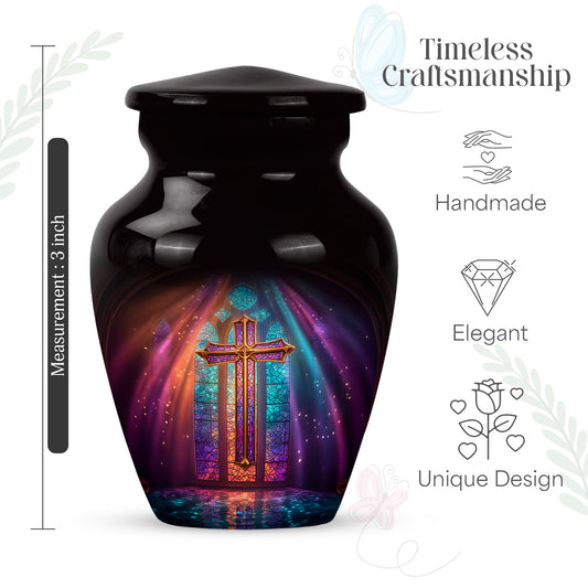 Obsidian Black Cross Cremation Urn close-up of engraving and surface detail - elegant classic cross relief with fine detailing - mini keepsake memorial for portion of cremation ashes