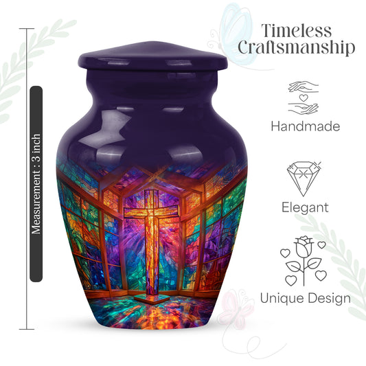Plum Purple Cross Cremation Urn close-up of engraving and surface detail - timeless cross motif etched into premium metal - mini keepsake memorial for portion of cremation ashes