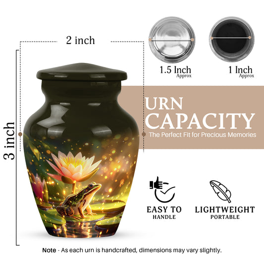 Royal Gold Frog Cremation Urn close-up of engraving and surface detail - traditional frog engraving with hand-polished finish - mini keepsake memorial for portion of cremation ashes