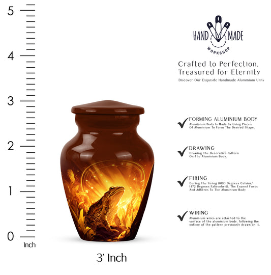 Burnished Gold Frog Cremation Urn close-up of engraving and surface detail - traditional frog engraving with hand-polished finish - mini keepsake memorial for portion of cremation ashes