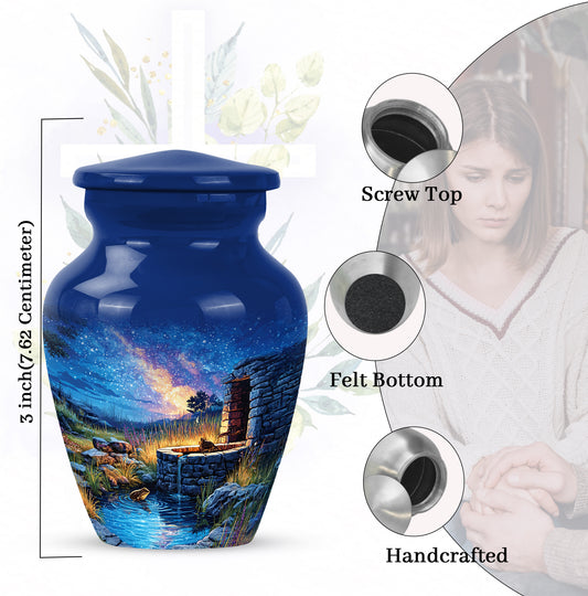 Vivid Blue Frog Cremation Urn close-up of engraving and surface detail - elegant classic frog relief with fine detailing - mini keepsake memorial for portion of cremation ashes