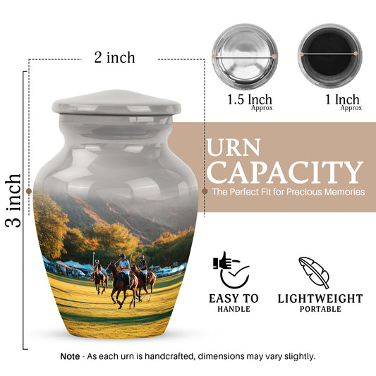 Satin Silver Horse Polo Cremation Urn close-up of engraving and surface detail - classic sculpted horse polo pattern on smooth aluminum - mini keepsake memorial for portion of cremation ashes