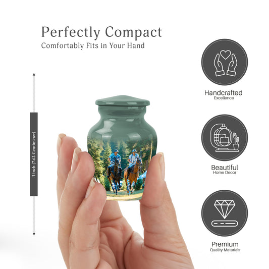 Moss Green Horse Polo Cremation Urn close-up of engraving and surface detail - classic sculpted horse polo pattern on smooth aluminum - mini keepsake memorial for portion of cremation ashes