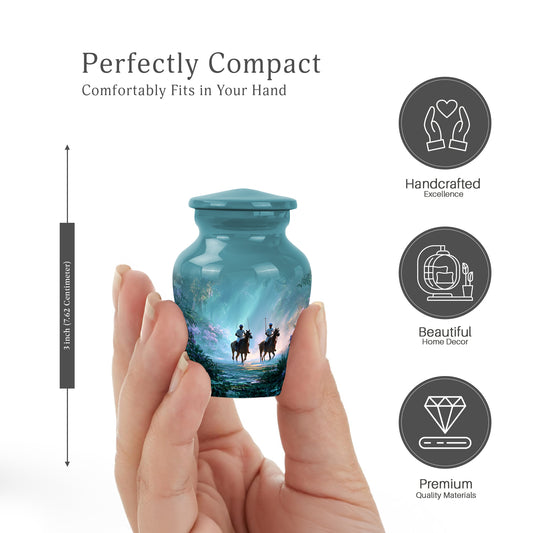 Aqua Teal Horse Polo Cremation Urn close-up of engraving and surface detail - elegant classic horse polo relief with fine detailing - mini keepsake memorial for portion of cremation ashes