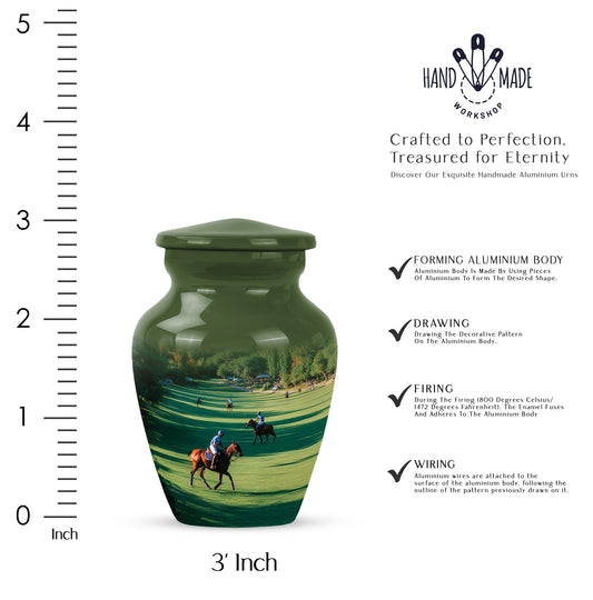 Emerald Green Horse Polo Cremation Urn close-up of engraving and surface detail - classic sculpted horse polo pattern on smooth aluminum - mini keepsake memorial for portion of cremation ashes