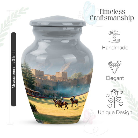 Polished Silver Horse Polo Cremation Urn close-up of engraving and surface detail - elegant classic horse polo relief with fine detailing - mini keepsake memorial for portion of cremation ashes
