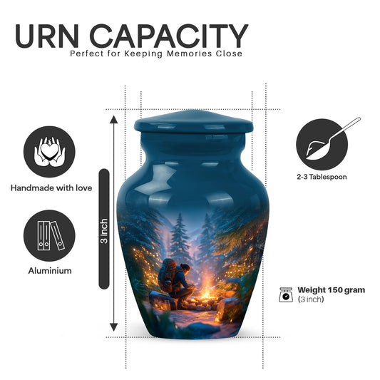 Soft Blue Campfire Cremation Urn close-up of engraving and surface detail - traditional campfire engraving with hand-polished finish - mini keepsake memorial for portion of cremation ashes