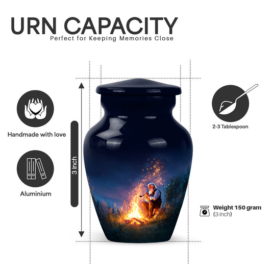 Slate Blue Campfire Cremation Urn close-up of engraving and surface detail - timeless campfire motif etched into premium metal - mini keepsake memorial for portion of cremation ashes