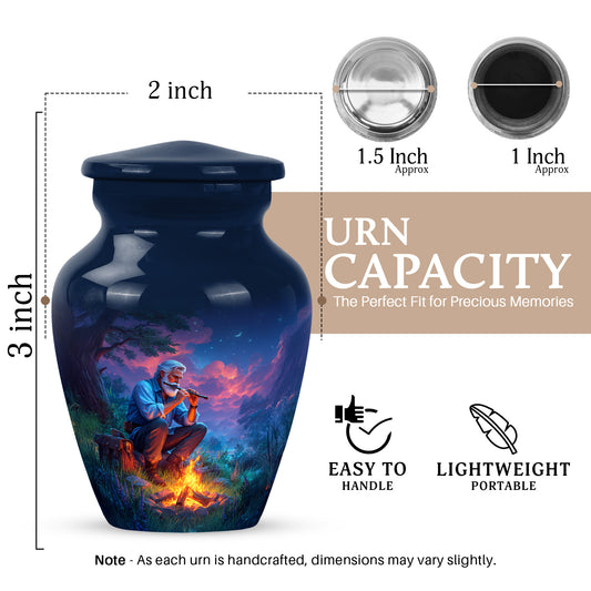 Misty Blue Campfire Cremation Urn close-up of engraving and surface detail - classic sculpted campfire pattern on smooth aluminum - mini keepsake memorial for portion of cremation ashes