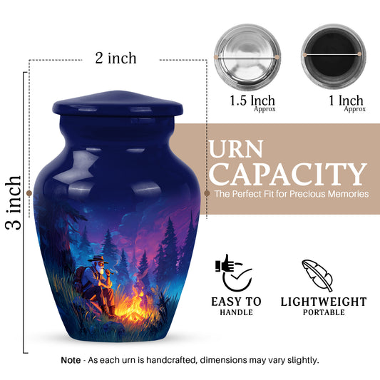 Sapphire Blue Campfire Cremation Urn close-up of engraving and surface detail - traditional campfire engraving with hand-polished finish - mini keepsake memorial for portion of cremation ashes