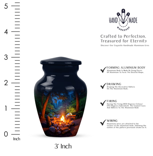 Dusty Blue Campfire Cremation Urn close-up of engraving and surface detail - classic sculpted campfire pattern on smooth aluminum - mini keepsake memorial for portion of cremation ashes
