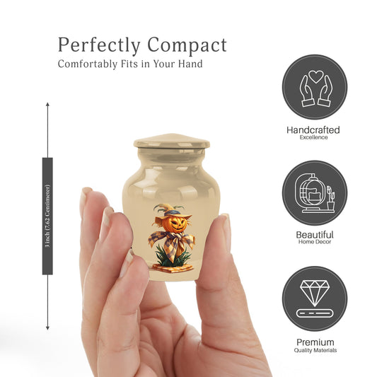 Burnished Gold Halloween Cremation Urn close-up of engraving and surface detail - traditional halloween engraving with hand-polished finish - mini keepsake memorial for portion of cremation ashes