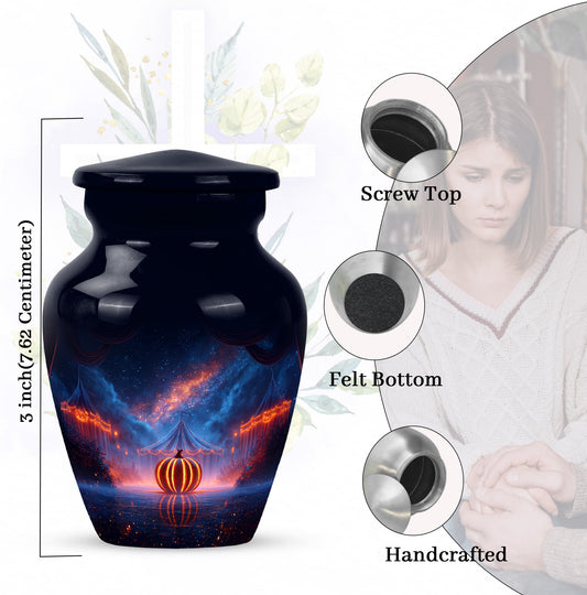 Twilight Blue Halloween Cremation Urn close-up of engraving and surface detail - elegant classic halloween relief with fine detailing - mini keepsake memorial for portion of cremation ashes