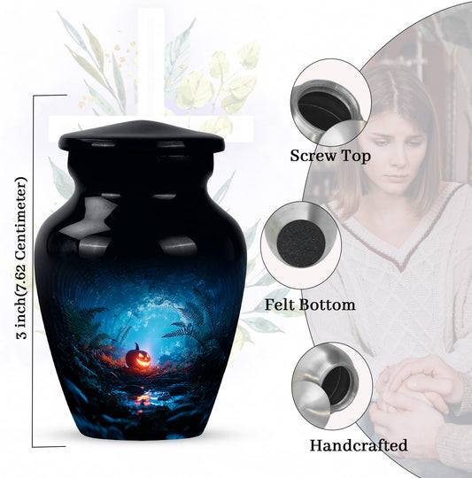 Deep Black Halloween Cremation Urn close-up of engraving and surface detail - classic sculpted halloween pattern on smooth aluminum - mini keepsake memorial for portion of cremation ashes