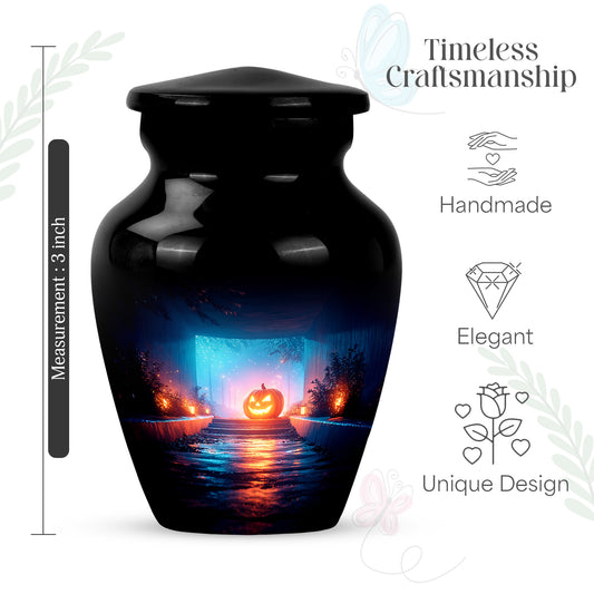 Deep Black Halloween Cremation Urn close-up of engraving and surface detail - timeless halloween motif etched into premium metal - mini keepsake memorial for portion of cremation ashes