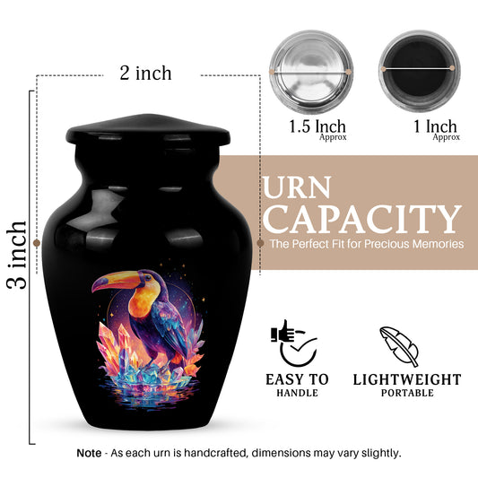 Glossy Black Hornbill Cremation Urn close-up of engraving and surface detail - timeless hornbill motif etched into premium metal - mini keepsake memorial for portion of cremation ashes
