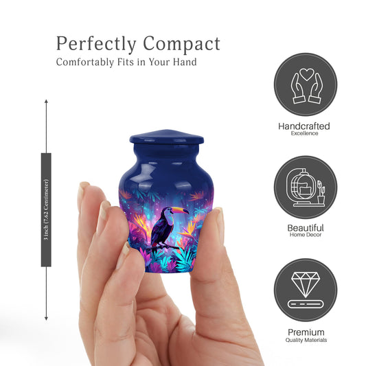 Navy Blue Hornbill Cremation Urn close-up of engraving and surface detail - timeless hornbill motif etched into premium metal - mini keepsake memorial for portion of cremation ashes
