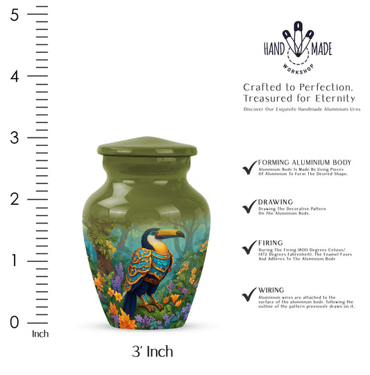 Harvest Yellow Hornbill Cremation Urn close-up of engraving and surface detail - classic sculpted hornbill pattern on smooth aluminum - mini keepsake memorial for portion of cremation ashes