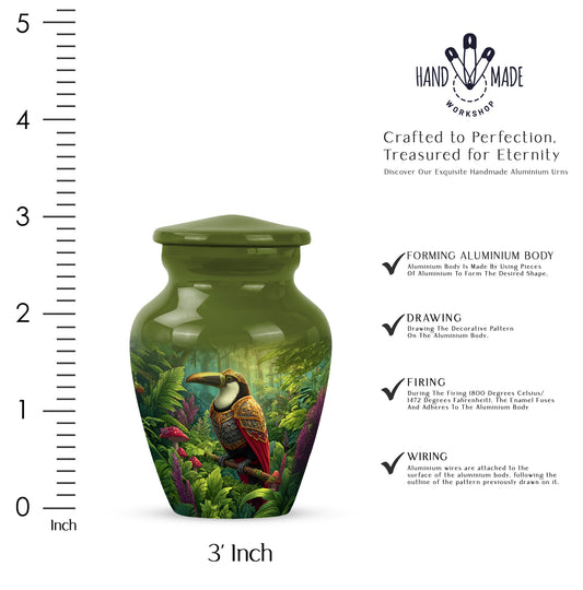 Honey Yellow Hornbill Cremation Urn close-up of engraving and surface detail - elegant classic hornbill relief with fine detailing - mini keepsake memorial for portion of cremation ashes
