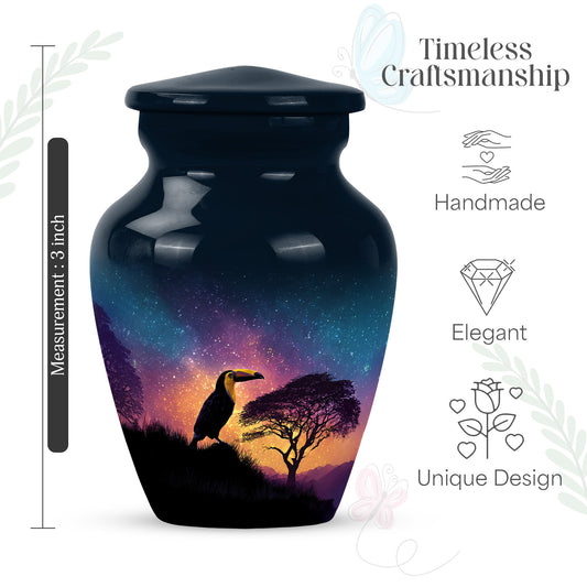 Serene Blue Hornbill Cremation Urn close-up of engraving and surface detail - traditional hornbill engraving with hand-polished finish - mini keepsake memorial for portion of cremation ashes