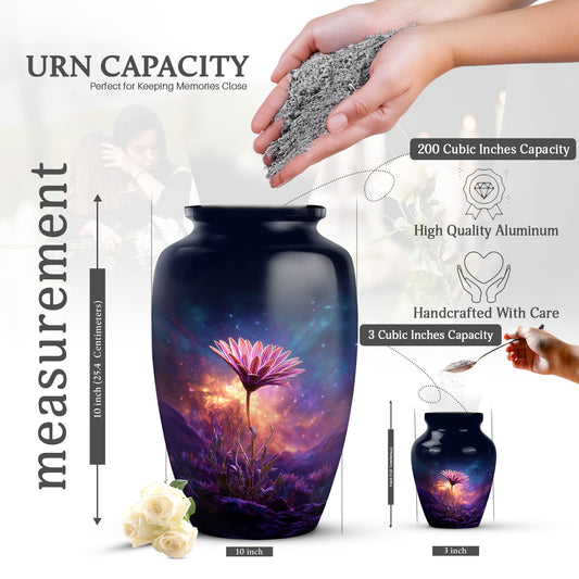 Icy Blue Daisy Cremation Urn close-up of engraving and surface detail - timeless daisy motif etched into premium metal - mini keepsake memorial for portion of cremation ashes