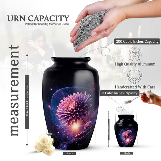Obsidian Black Daisy Cremation Urn close-up of engraving and surface detail - elegant classic daisy relief with fine detailing - mini keepsake memorial for portion of cremation ashes