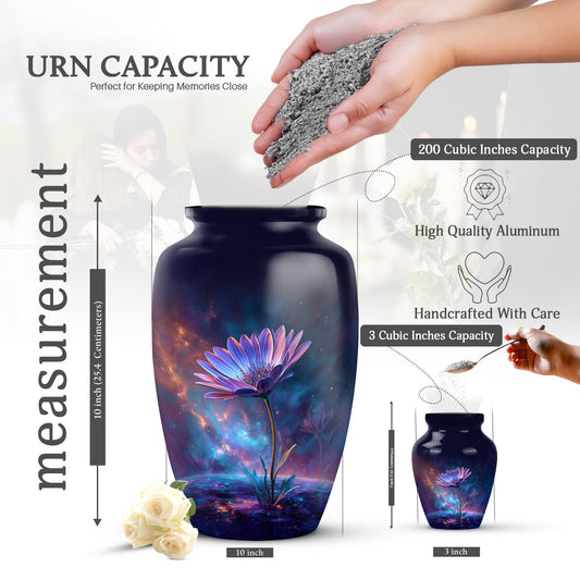 Sky Blue Daisy Cremation Urn close-up of engraving and surface detail - timeless daisy motif etched into premium metal - mini keepsake memorial for portion of cremation ashes