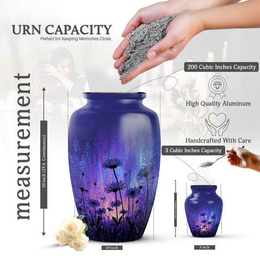 Bright Blue Daisy Cremation Urn close-up of engraving and surface detail - traditional daisy engraving with hand-polished finish - mini keepsake memorial for portion of cremation ashes
