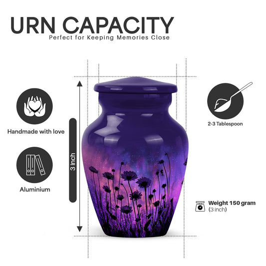 Calming Blue Daisy Cremation Urn close-up of engraving and surface detail - traditional daisy engraving with hand-polished finish - mini keepsake memorial for portion of cremation ashes