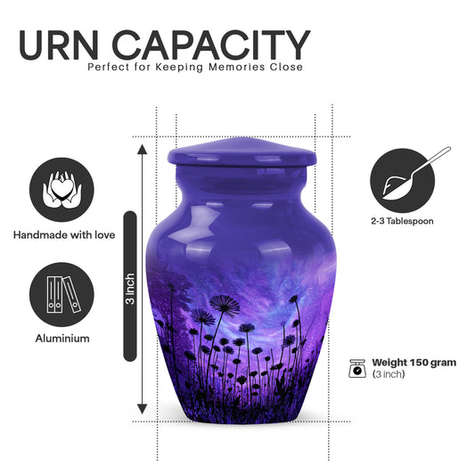 Indigo Daisy Cremation Urn close-up of engraving and surface detail - timeless daisy motif etched into premium metal - mini keepsake memorial for portion of cremation ashes