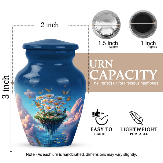 Serene Blue Daisy Cremation Urn close-up of engraving and surface detail - traditional daisy engraving with hand-polished finish - mini keepsake memorial for portion of cremation ashes