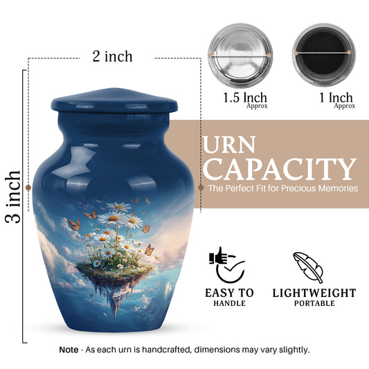 Royal Blue Daisy Cremation Urn close-up of engraving and surface detail - elegant classic daisy relief with fine detailing - mini keepsake memorial for portion of cremation ashes