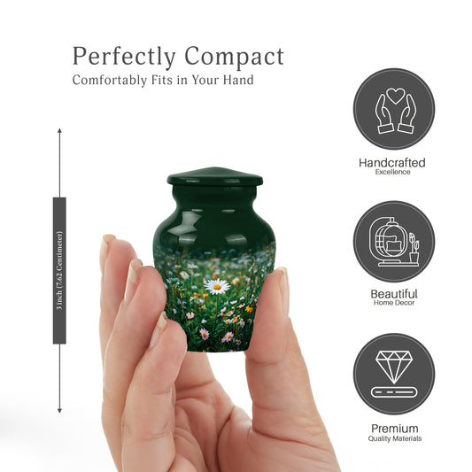 Verdant Green Daisy Cremation Urn close-up of engraving and surface detail - timeless daisy motif etched into premium metal - mini keepsake memorial for portion of cremation ashes