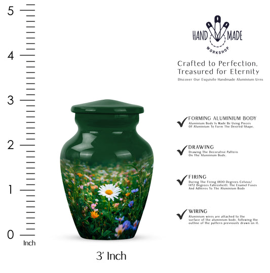 Moss Green Daisy Cremation Urn close-up of engraving and surface detail - classic sculpted daisy pattern on smooth aluminum - mini keepsake memorial for portion of cremation ashes
