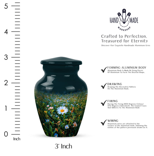 Jewel Teal Daisy Cremation Urn close-up of engraving and surface detail - timeless daisy motif etched into premium metal - mini keepsake memorial for portion of cremation ashes