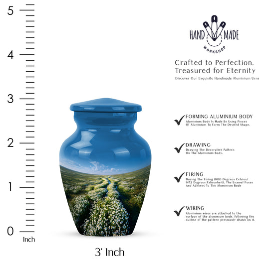 Icy Blue Daisy Cremation Urn close-up of engraving and surface detail - classic sculpted daisy pattern on smooth aluminum - mini keepsake memorial for portion of cremation ashes