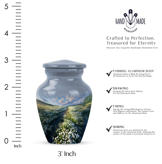 Cornflower Blue Daisy Cremation Urn close-up of engraving and surface detail - elegant classic daisy relief with fine detailing - mini keepsake memorial for portion of cremation ashes