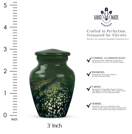 Mint Green Daisy Cremation Urn close-up of engraving and surface detail - elegant classic daisy relief with fine detailing - mini keepsake memorial for portion of cremation ashes