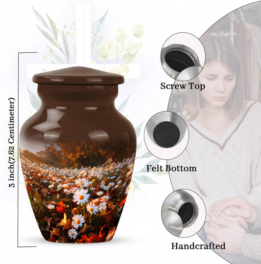 Amber Gold Daisy Cremation Urn close-up of engraving and surface detail - classic sculpted daisy pattern on smooth aluminum - mini keepsake memorial for portion of cremation ashes