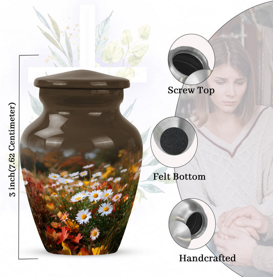 Sunrise Gold Daisy Cremation Urn close-up of engraving and surface detail - classic sculpted daisy pattern on smooth aluminum - mini keepsake memorial for portion of cremation ashes