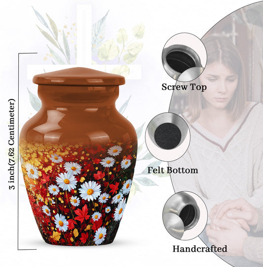 Warm Gold Daisy Cremation Urn close-up of engraving and surface detail - traditional daisy engraving with hand-polished finish - mini keepsake memorial for portion of cremation ashes
