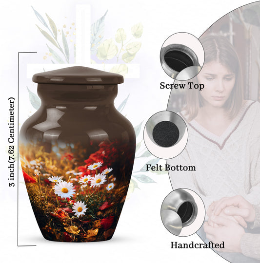 Harvest Gold Daisy Cremation Urn close-up of engraving and surface detail - traditional daisy engraving with hand-polished finish - mini keepsake memorial for portion of cremation ashes