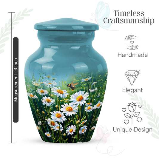 Tropical Teal Daisy Cremation Urn close-up of engraving and surface detail - traditional daisy engraving with hand-polished finish - mini keepsake memorial for portion of cremation ashes