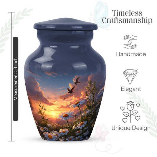 Serene Blue Daisy Cremation Urn close-up of engraving and surface detail - elegant classic daisy relief with fine detailing - mini keepsake memorial for portion of cremation ashes