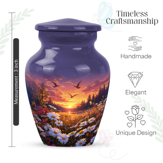 Sapphire Blue Daisy Cremation Urn close-up of engraving and surface detail - elegant classic daisy relief with fine detailing - mini keepsake memorial for portion of cremation ashes