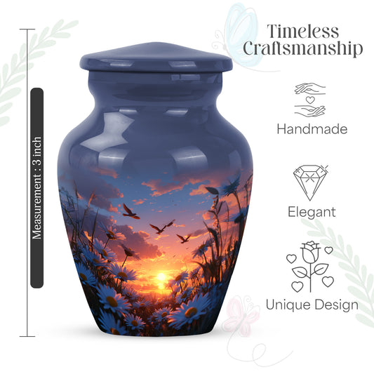 Powder Blue Daisy Cremation Urn close-up of engraving and surface detail - classic sculpted daisy pattern on smooth aluminum - mini keepsake memorial for portion of cremation ashes