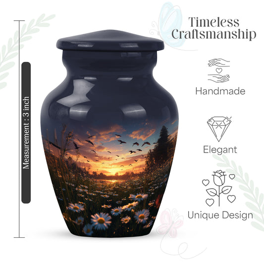 Azure Daisy Cremation Urn close-up of engraving and surface detail - timeless daisy motif etched into premium metal - mini keepsake memorial for portion of cremation ashes